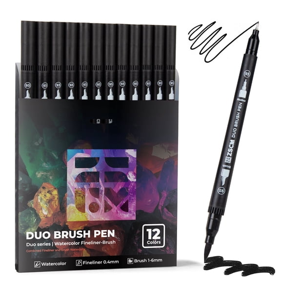 Black Duo Tip Marker Pens, 12 Pack Fine & Brush Markers for Adult Coloring Books No Bleeding, Jet Black Markers for Outlining, Sketching, Japanese Manga, Calligraphy and Graphic Novels