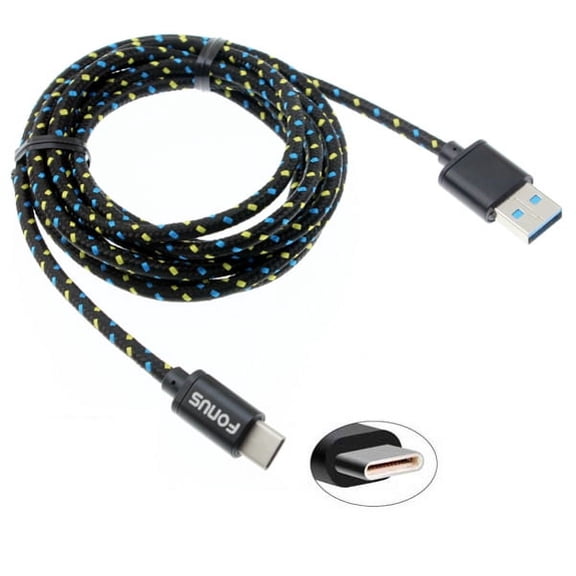 Black Durable Braided 6ft Long Type-C Cable Compatible With Acer Liquid Jade Primo - Alcatel PulseMix, Idol 5S 4S, 7 - ASUS ZenFone 5z, ROG Phone - Blackberry Motion, KEYone, Key2 LE B1W