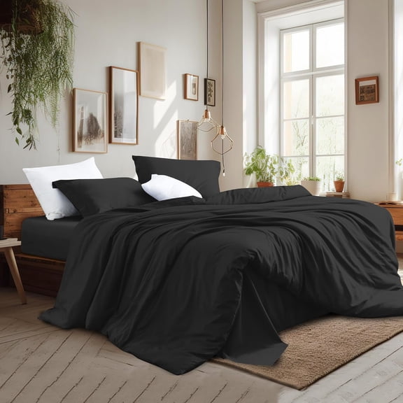 Black Duvet Cover Set Full Size 100% Egyptian Cotton 3Pcs Home Bedding Set- 1 Duvet Cover with 2 Pillowcases, 400 Thread Count Super Soft Comforter Cover with Corner Ties(80x90 Inches, Black)
