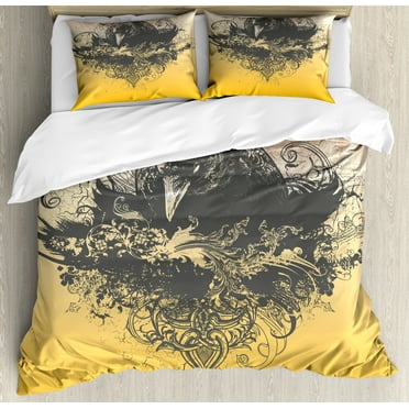 Black Duvet Cover Set, Halloween Theme Vector Illustration of a Wicked Crow and Ornate Flowers Print, Decorative 3 Piece Bedding Set with 2 Pillow Shams, Queen Size, Black and Mustard, by Ambesonne