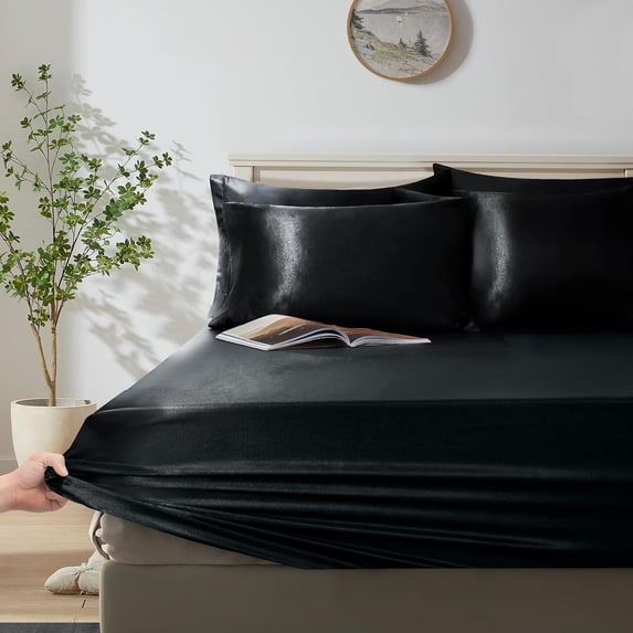Black Duvet Cover Set King Size - Satin Fitted Sheet & Pillowcases, Cooling & Silky Comforter Cover Set