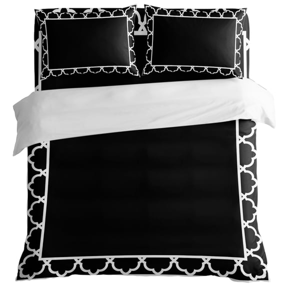 Black Duvet Cover Set Twin Size, Geometric Morocco Printed Border Modern Rustic Noir Dark 4 Piece Bedding Set with Zipper Closure & Corner Ties Soft Breathable Comforter Cover for Bedroom
