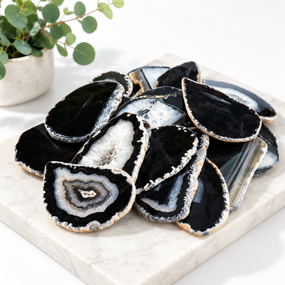 Black Dyed Agate Slices 15-piece Undrilled Stone Pendants for DIY Crafts and Decor
