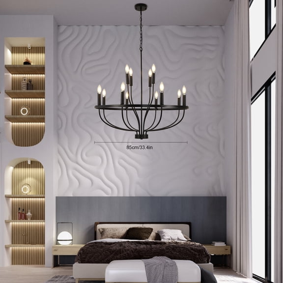 Black E12 12-lights Chandelier Lamp Large Round Kitchen Pendant Light Fixture for Kitchen Island, Dining Room, Entryway, Stairway (Bulb Not Included)