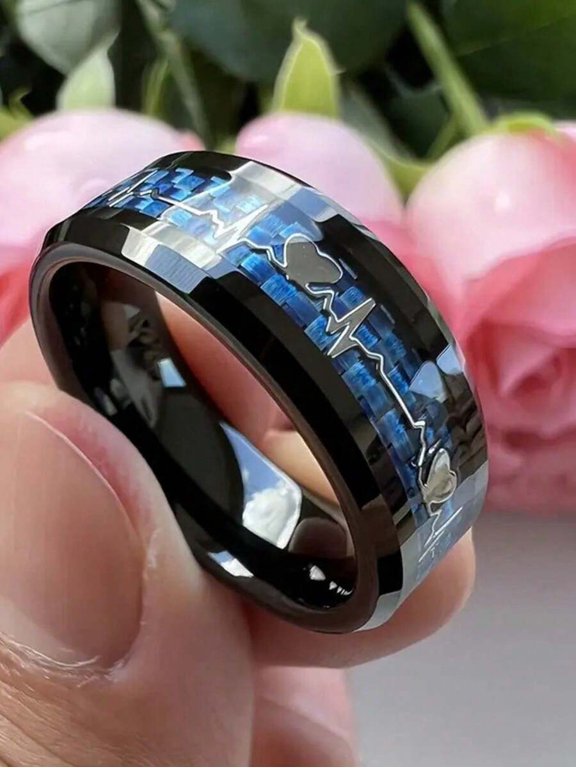 Black ECG Heartbeat Carbon Fiber Inlay Ring