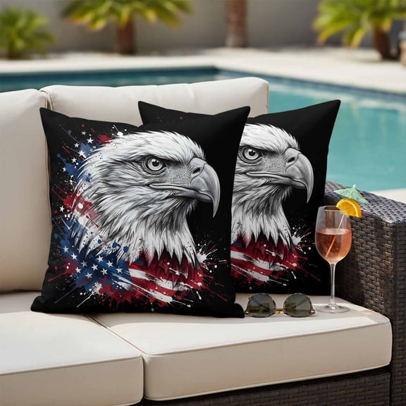 Black Eagle American Flag Outdoor Pillow Covers 24x24 Inch Throw Pillow Covers Set of 2 Waterproof Decorative Pillow Cases USA Flag 4th of July Cushion Covers for Patio Furniture Garden Couch Sofa