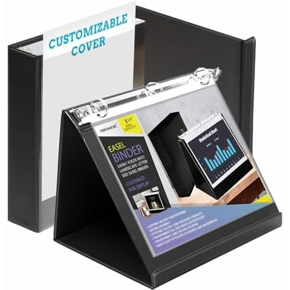 Black Easel Binder - 1.5" Round Ring Flip Display Easel Folder - Presentation- Standing Clipboard for Desk - Flip Chart Easel - Foldable