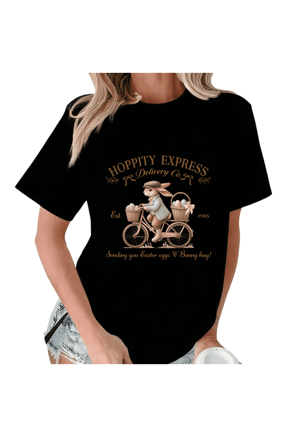 Black Easter Bunny Bicycle Hoppity Express T-Shirt Graphic Tees Shirts Easter Day Kawaii S-5XL Tops