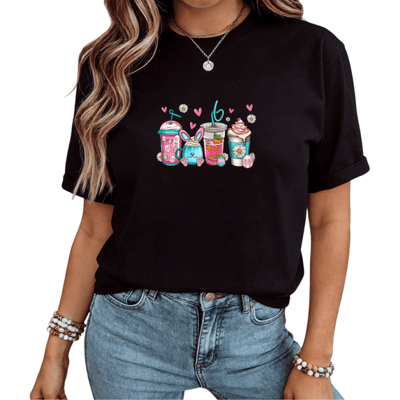 Black Easter Bunny Coffee Cups Graphic Tee Cute Spring Drinks Daisy ...