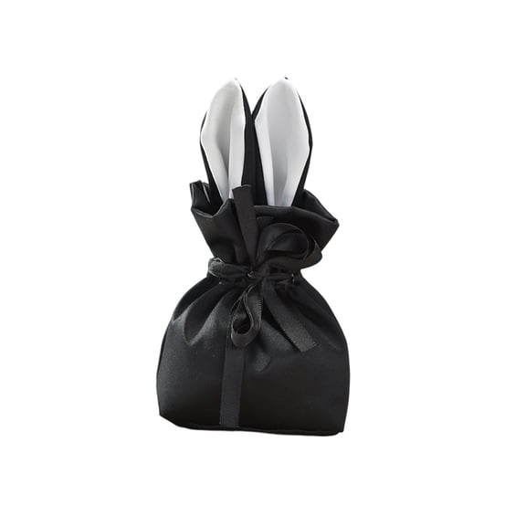 Black Easter Bunny Drawstring Bag With Satin Finish, Rabbit Ear Design, Reusable And Decorative For Candy Storage, Wedding Favors And Party Decorations