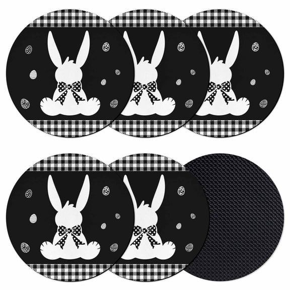 Black Easter Coasters Set of 6, Absorbent Coasters for Drinks, Simple Cute Rabbit Eggs Buffalo Checkered Coaster for Desk Coffee Table Protection, Home Decor House Warming Gifts 4"