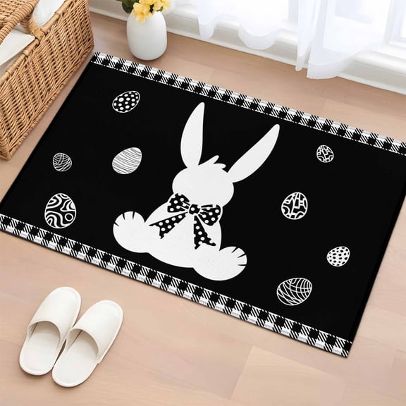 Black Easter Entryway Rug 2'x3' Non Slip Front Door Mats, Simple Cute Rabbit Eggs Buffalo Checkered Entrance Rugs Indoor Outdoor Carpet, Washable Floor Mats Small Area Rug for Bedroom Kitchen