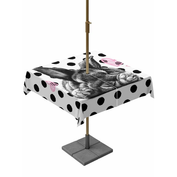 Black Easter Outdoor Tablecloth - 54x54 Inch Square Dining Table Cover, Spring Modern Cute Bunny Polka Dot Waterproof Outdoor Table Cloth with Umbrella Hole & Zipper for Picnic/Patio/Party
