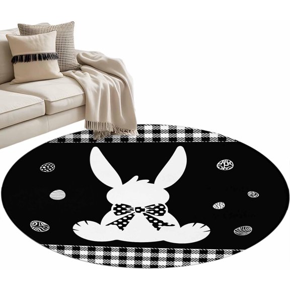 Black Easter Round Rug 4ft Area Rug Washable Soft Non-Slip 4'' Circle Low Pile Rugs Simple Cute Rabbit Eggs Buffalo Checkered Carpet for Bedroom Living Room Entryway Home Office Dining Room