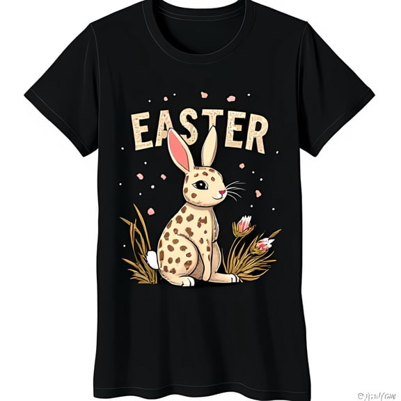 Black Easter T-Shirt with Glitter Text Cartoon in Grass & Flowers