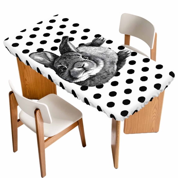 Black Easter Table Cloths for 3 Foot Rectangle Tables, Spring Country Cute Bunny Polka Dot Patio Waterproof Elastic Fitted Tablecloths, Washable Rectangular Table Cover for Camping