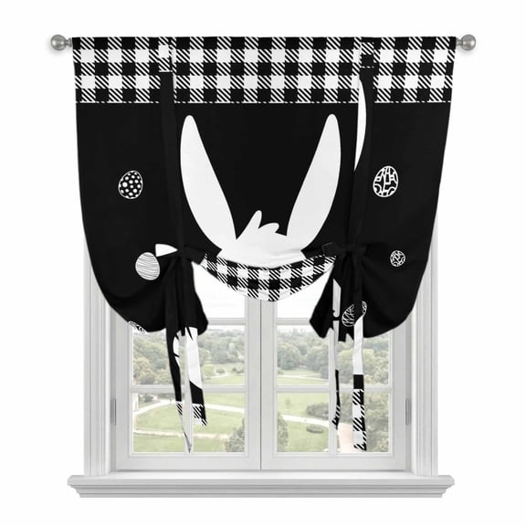Black Easter Tie Up Curtains 45 Inches Long, Kitchen Window Curtains Over Sink, Simple Cute Rabbit Eggs Buffalo Checkered Small Window Curtains Shade Balloon Curtains Valances for Bedroom 34"x45"