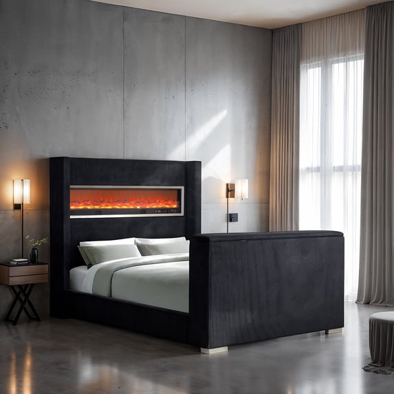 Black Eastern King Size Bed with Wingback Headboard, Built-in Fireplace ...