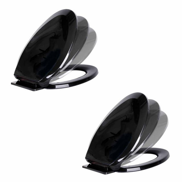 Black Easy Close No Slam Plastic Elongated Toilet Seat Set of 2