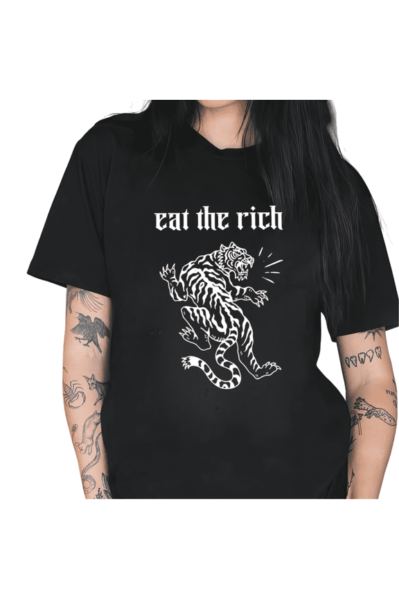 Black Eat The Rich Tiger Vintage Gothic Graphic Tees Print Tshirt Shirts Casual Anti-Capitalist Tops S-5XL