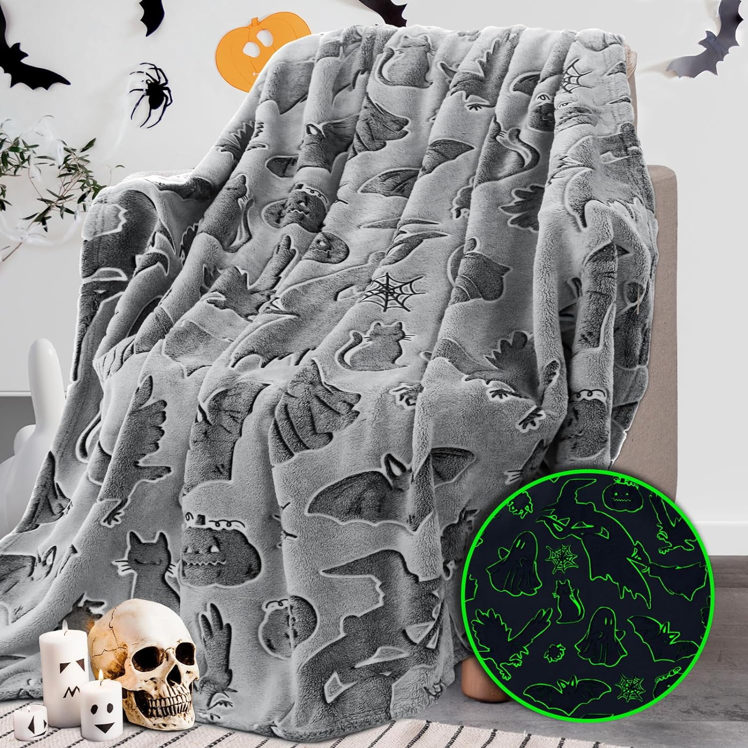 Glow-in-the-Dark Gray Halloween Fleece Throw Blanket 50" x 60"