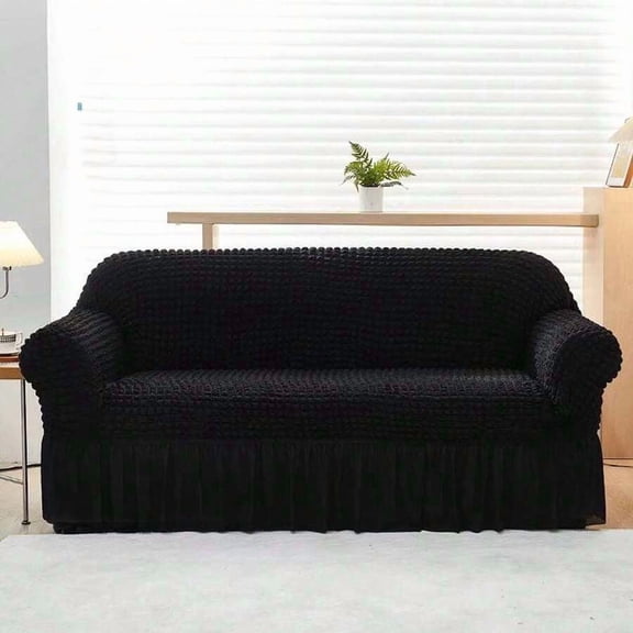Black Elastic Skirted Sofa Slipcover, Stretch Fabric Couch Cover For Living Room Decor