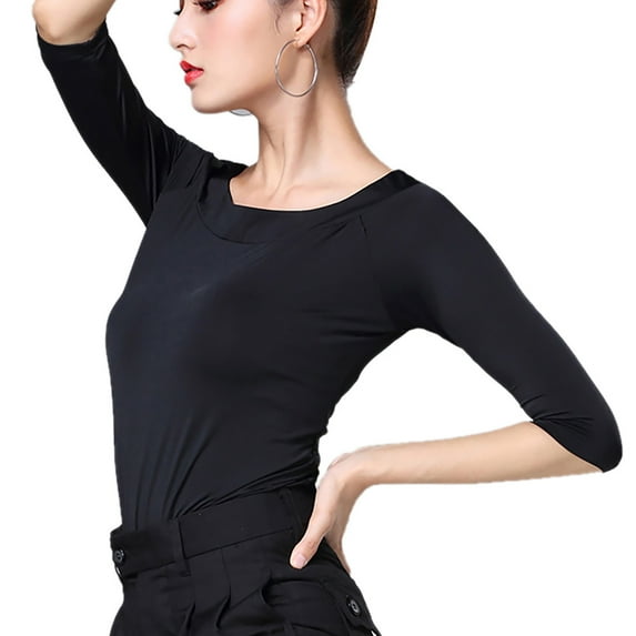 Black Elbow Length Sleeve Round Neck Dance Competition Practice Tee Shirts Tops T Shirt For Women\'S Adult Latin Ballroom Dance