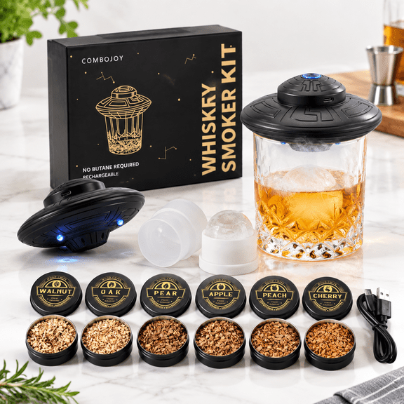 Black Electric Cocktail Kit with LED Light, 6 Wood Chip Flavors, Ice Cube Mold and Rechargeable