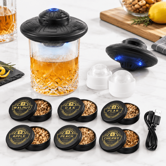 Black Electric Cocktail Kit with LED Light, 6 Wood Chip Flavors, Ice Cube Mold