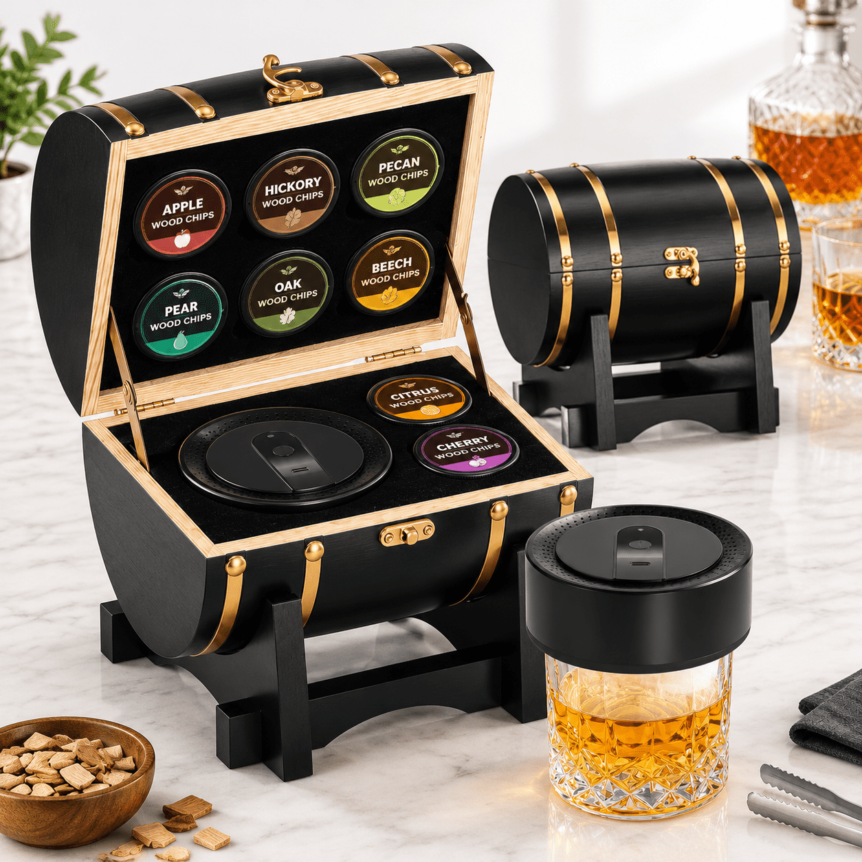Cocktail Bar Collection Black Electric Cocktail Kit with Wooden Organizer for Home Bar Use ...