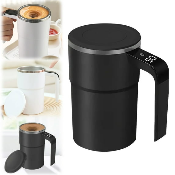 Black Electric Coffee Mug with Built-in LCD Thermometer – Auto Stir Coffee Mug, Self Mixing Coffee Cup That Stirs Itself, Perfect for Coffee, Milk, Cocoa