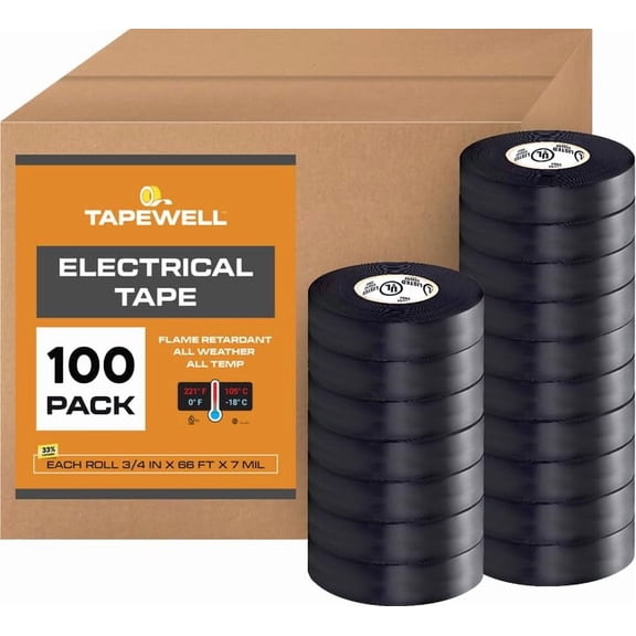 Black Electric Tape 100 Pack - 3/4 inch x 66ft - PVC Electrical Insulating Tape for All Weather - U/L Approved - Waterproof - Home Improvement Electrical Equipment