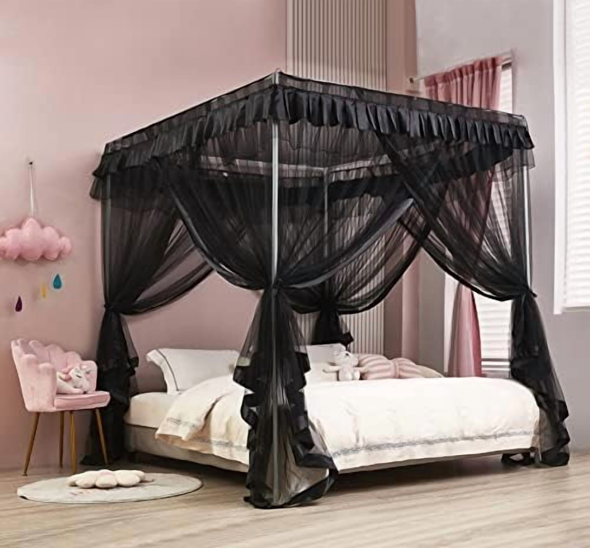 Black Elegant 4 Corners Post Canopy Bed Curtains Mosquito Net Bed ...