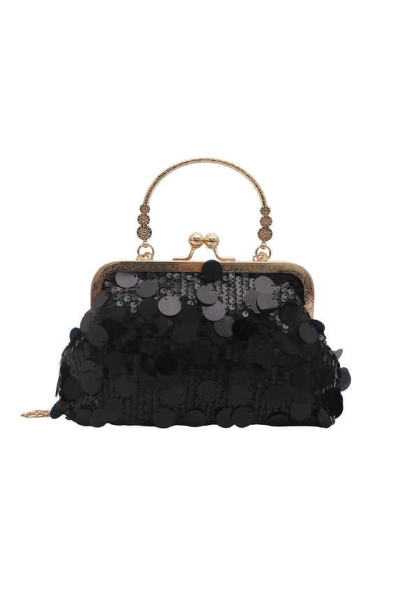 Black Elegant Clasp Evening Bag For Women Vintage Fashion Shoulder Handbag Small Chain Sequins Crossbody Purse Retro Style Accessory Black Color