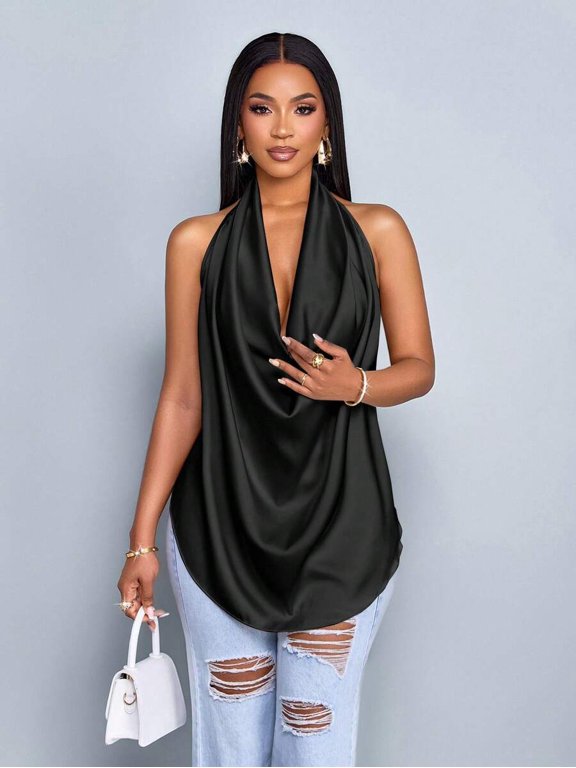 Black Elegant Deep V Neck Halter Top Glossy Satin Swing Neck Curved Hem Backless Straps Leisure Vacation Womens Top