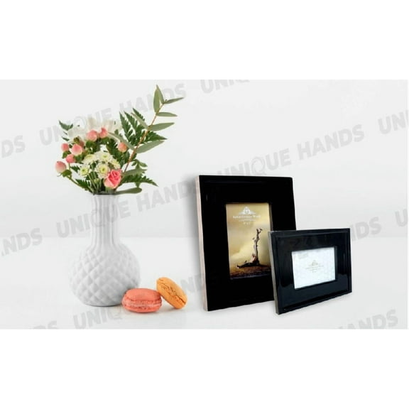 Black Elegant Hand-Carved Mango Wood Photo Frame Rectangular, Table Top Display, Enamel & Natural Finish
