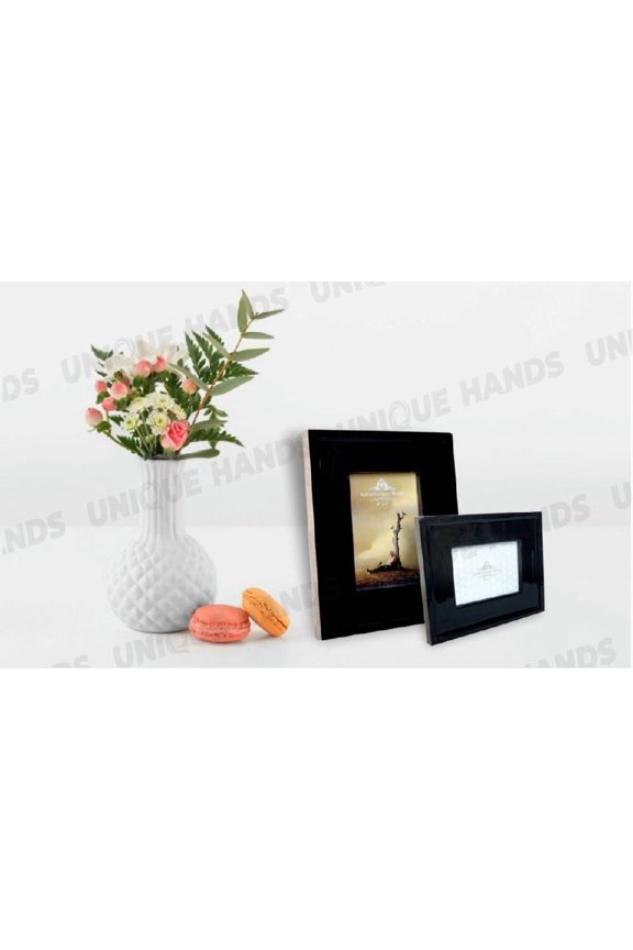Black Elegant Hand-Carved Mango Wood Photo Frame  Rectangular, Table Top Display, Enamel & Natural Finish