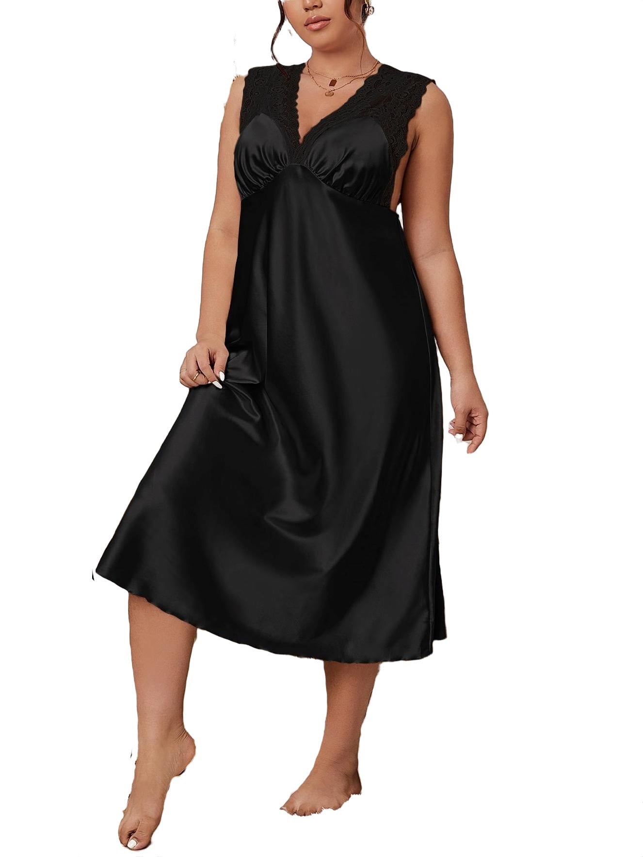 Black Elegant Plain V neck Nightgowns Sleeveless Plus Size Nightgowns & Sleepshirts (Women's