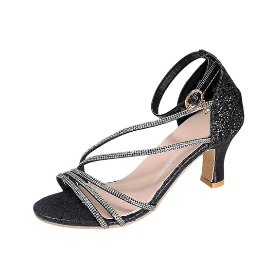 Black Elegant Round Toe One-Strap Heels, Pu Women'S Dress Pumps With Thin Heel For Special Occasions