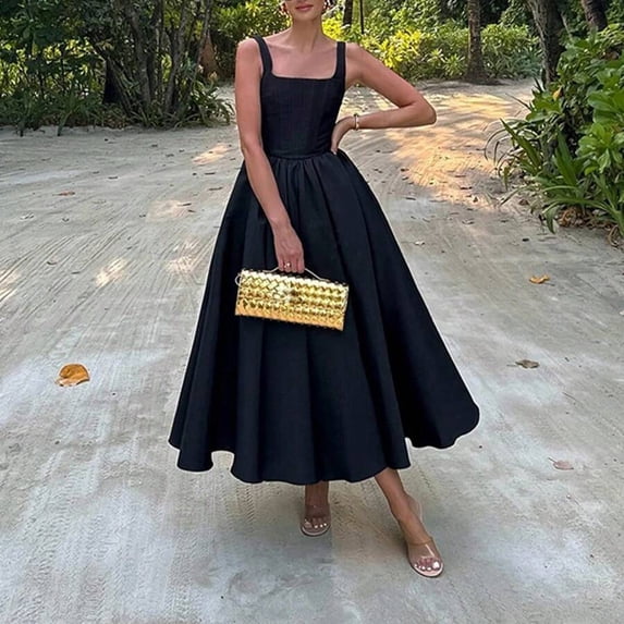 Black Elegant Square Neck Pleated Waist Fit & Flare Formal Midi Dress