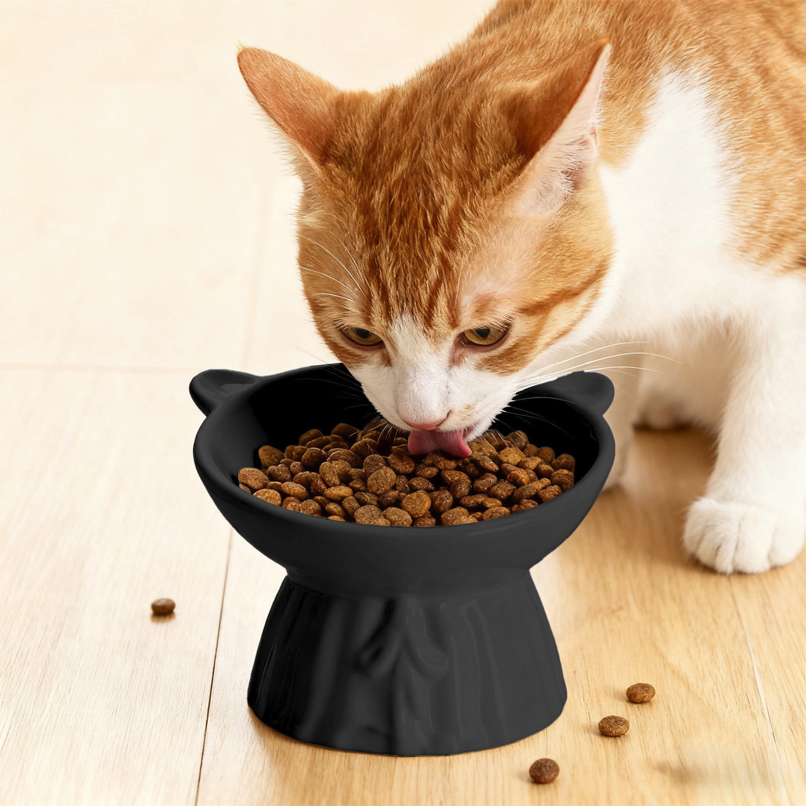 Black Elevated Ceramic Cat Bowl, Raised Neck Protection Anti-Tip Pet Food & Water Dish for Indoor Cats (1pc)