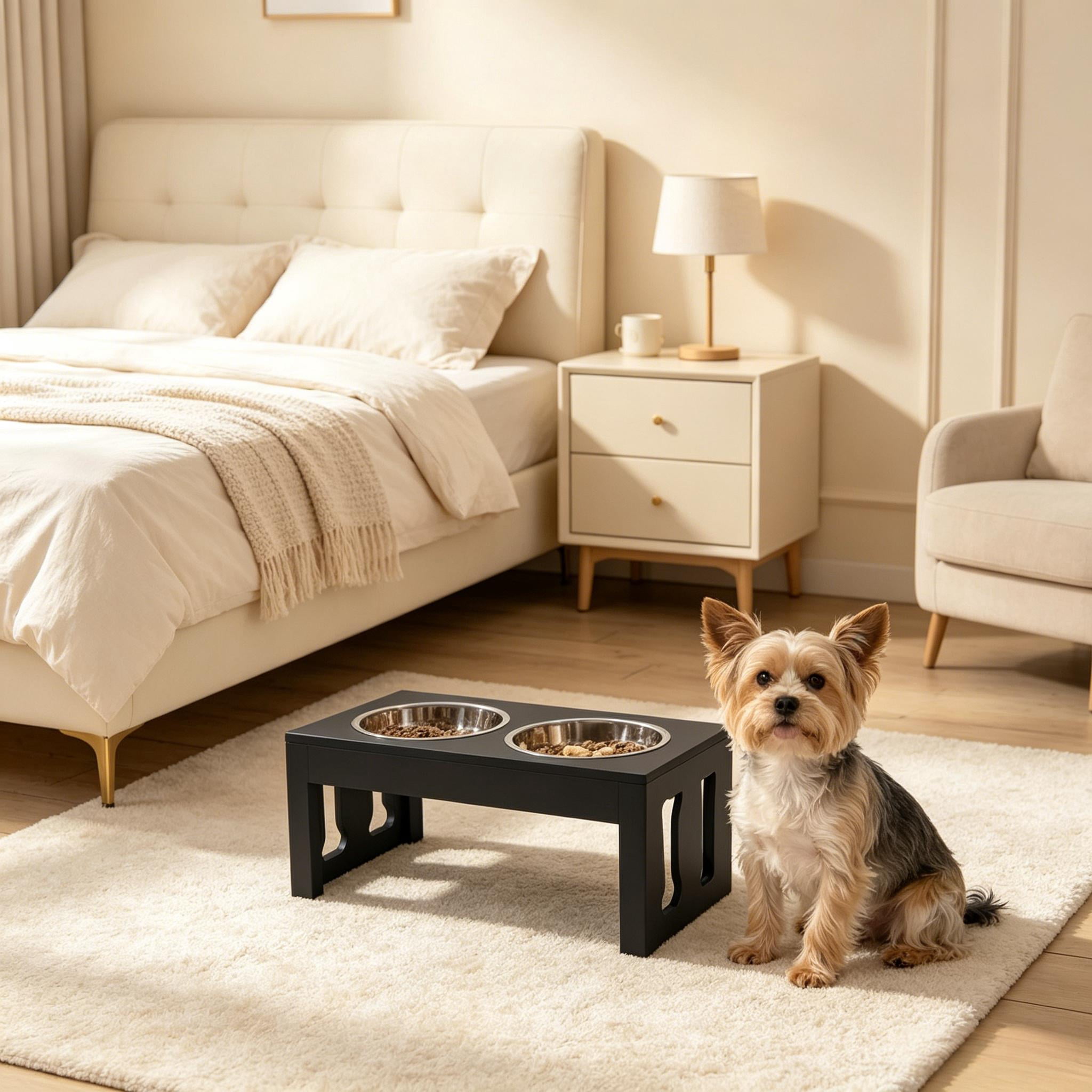 Black Elevated Double Bowls Pet Feeder, Raised Dog Feeding Station with Removable Stainless Steel Bowls, Water-Resistant MDF Frame & Non-Slip Base for Medium Sized Dogs