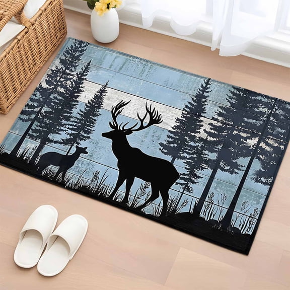 Black Elk 2'x3' Rug for Entryway Front Door Kitchen Sink Area, Navy White Wood Grain Forest Mountain Animal Low Pile Non Slip Rectangle Area Rug, Machine Washable Indoor Outdoor Mat