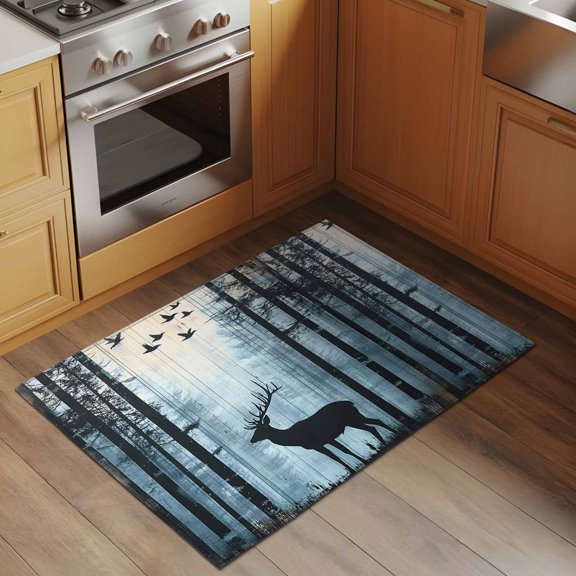 Black Elk 2x3 Rug for Entryway Front Door Kitchen Sink Area, Sunlight Forest Animal Bird Nature Scenery Low Pile Washable Non Slip Rectangle Area Rug