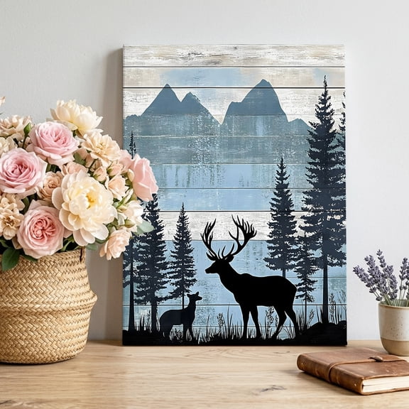 Black Elk Canvas Wall Art, Navy White Wood Grain Forest Mountain Animal Pictures Wall Decor Wooden Framed Artwork Art Prints for Living Room Hallway Bedroom Office 8"x10"