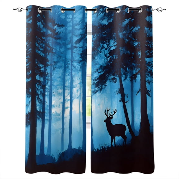Black Elk Forest Blue Blackout Curtains for Bedroom Living Room Darkening Curtains 63 Inches Long Pine Trees Moonlight Modern Window Curtain 2 Panels Set Window Treatment Grommet Drapes 42"x63"