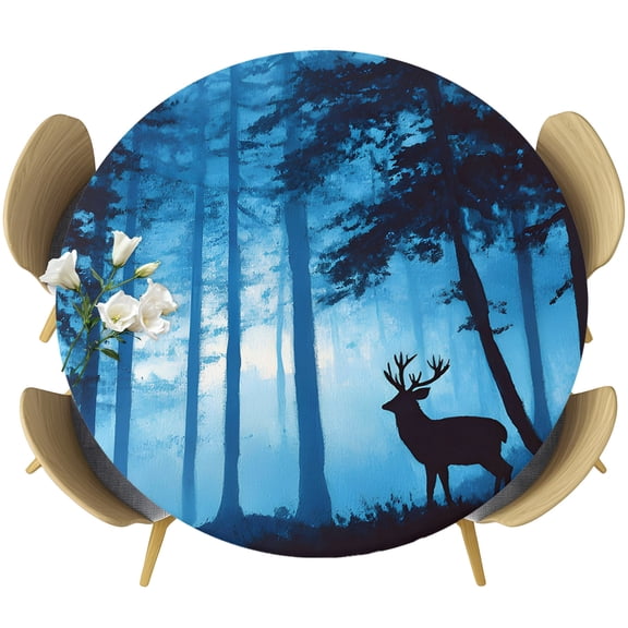 Black Elk Forest Blue Round Tablecloth 36-44 Inch Round Fitted Table Cloth with Elastic Edge, Pine Trees Moonlight Modern Waterproof Table Cover Protector for Outdoor Picnic Party Dining
