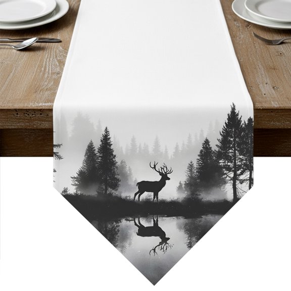 Black Elk Forest Table Runner Linen Burlap Table Runner 48 Inches Long Silhouettes Animals Retro Art Dresser Scarves for Kitchen Island Coffee Dining Room Party Wedding Holiday Decoration 13"x48"