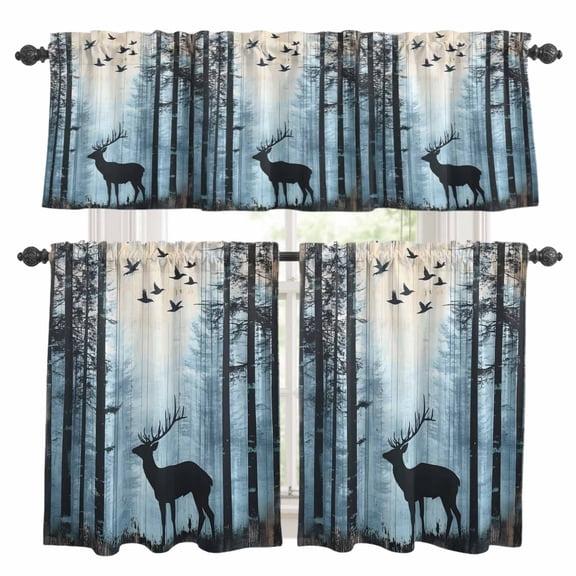 Black Elk Kitchen Curtains Valances and Tiers Set of 3 Sunlight Forest Animal Bird Nature Scenery Tier Curtains and Valance with Rod Pocket for Small Windows, 27.5"x24"