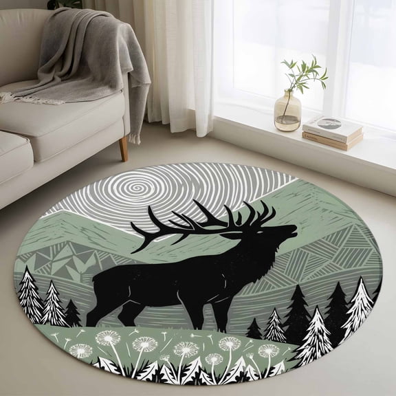 Black Elk Silhouette 3FT Round Area Rug Pine Forest Sage Green Mountain Animals Soft Small Round Rugs Non-Slip, Ultra-Thin Washable Rug Low Pile Circle Carpet for Bedroom Kitchen Nursery